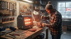 Compact radiant shop heater for workshop workbench placement and targeted warmth.