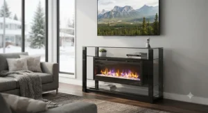 Contemporary glass-panel TV stand electric fireplace with a sleek black finish and modern styling.