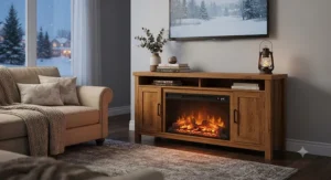 Cozy TV stand electric fireplace lit up on a chilly Canadian winter evening providing ambient warmth and style.