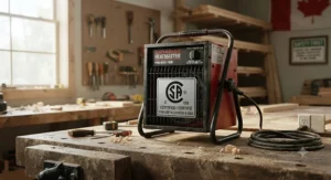 A CSA-certified workshop heater displaying safety compliance marks suitable for Canadian winters.