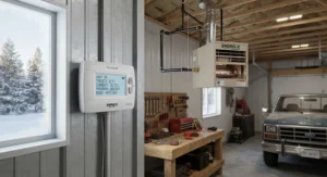 Digital programmable thermostat set to control a natural gas shop heater in a detached garage workspace.