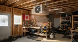 Professional installation of an electric ceiling mount garage heater in a residential garage.