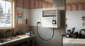 A wall-mounted 240V electric garage heater providing steady warmth in a well-insulated Canadian garage.