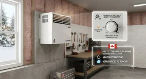 An electric garage heater highlighting built-in thermostat controls and automatic shut-off safety features for Canadian workshops.