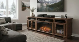 Extra-wide TV stand electric fireplace supporting large screen televisions and heavy-duty media components.