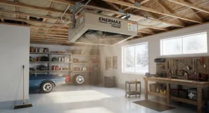 Fan-forced ceiling mount garage heater distributing warm air evenly across a workshop floor.