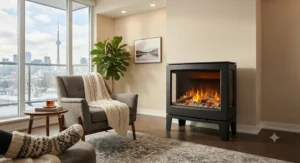 Freestanding modern electric fireplace stove adding warmth to a small apartment or condo.