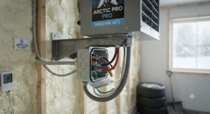 Wiring setup for a hardwired electric garage heater rated for extreme sub-zero Canadian winter conditions.