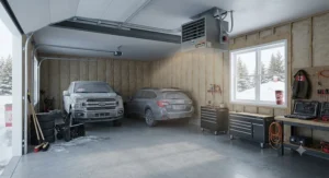 A heavy-duty 240V electric garage heater installed in a two-car garage to combat freezing weather across Canada.