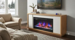 TV stand electric fireplace showing customizable LED flame colors and convenient remote control operation.