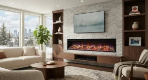 Wide linear modern electric fireplace with realistic glowing ember bed and faux logs.