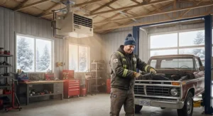 A Canadian mechanic working comfortably in a large garage heated by an overhead natural gas unit.