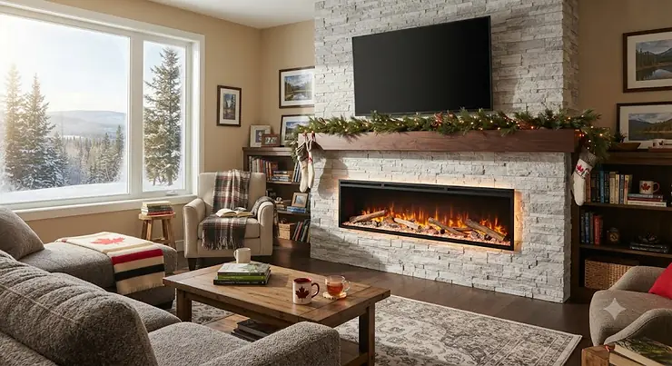 A sleek modern electric fireplace installed in a cozy Canadian living room setup.modern electric fireplaces