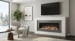 Modern electric fireplace mantel package styled for minimalist interior decor.