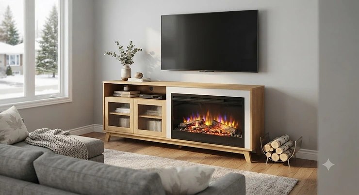Modern TV stand electric fireplace in a cozy Canadian living room setup with a flat-screen TV mounted above.