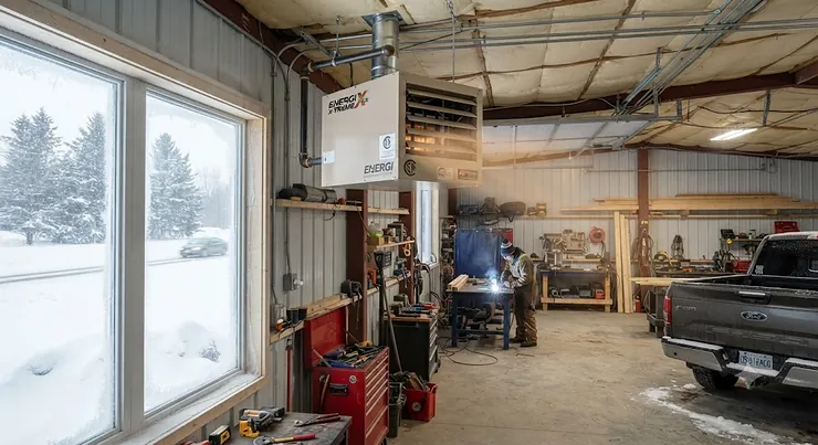 A powerful natural gas shop heater keeping a large Canadian garage warm during a freezing winter day.
