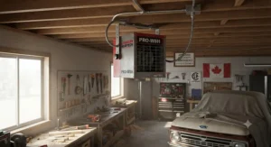 An overhead-mounted electric heater safely installed away from floor-level dust in a Canadian garage workshop.