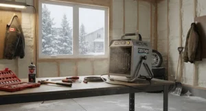 A rugged portable electric garage heater warming up a workspace while snow falls outside a Canadian home.