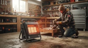 Portable radiant shop heater for workshop use, ideal for Canadian DIYers and tradespeople.