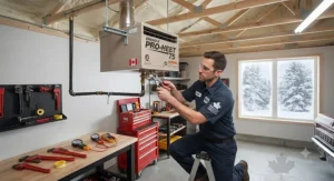 Technician performing a safe professional installation of a natural gas garage heater gas line connection.