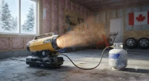 A high-output propane forced-air heater operating efficiently in sub-zero Canadian winter temperatures.