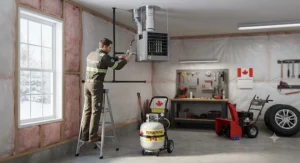 Professional installation of a propane garage heater with proper venting in a Canadian residential garage.
