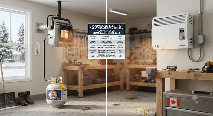 A side-by-side comparison of a propane garage heater and an electric garage heater for a Canadian home workshop during winter. propane garage heater vs electric garage heater