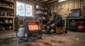 Propane radiant shop heater for workshop and uninsulated outbuilding use across Canada.