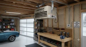Safe clearance setup for a ceiling mount garage heater installed above a workbench.