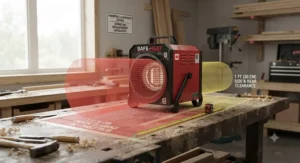 Illustration indicating safe clearance distances around a workshop heater to avoid fire hazards.