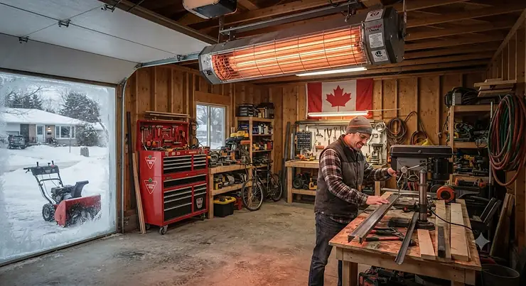 A powerful radiant shop heater for workshop use keeping a Canadian garage warm during winter.