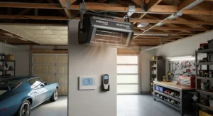 Modern ceiling mount garage heater with a digital thermostat and remote control in a home garage.