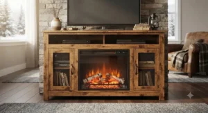 Rustic wood grain TV stand electric fireplace featuring realistic glowing log flames for a warm winter ambiance.