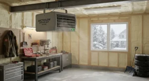 An energy-efficient electric garage heater operating safely in an insulated Canadian workshop during a snowstorm.