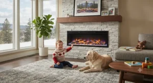 Safe, cool-to-touch modern electric fireplace operating safely around children and pets in a family home.