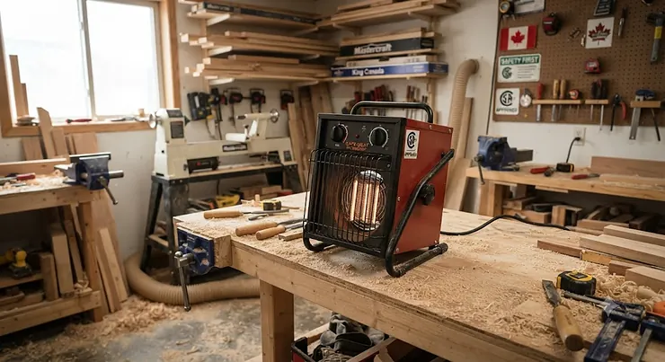 A modern, safe electric heater operating in a Canadian woodworking workshop surrounded by sawdust. safest heater for small workshop with dust