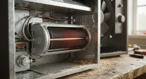 Close-up illustration of a sealed heating element designed to prevent dust combustion in small shops.