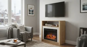 Compact TV stand electric fireplace ideal for small Canadian apartments or condos to save space and add supplemental heat.
