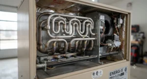 Close-up illustration of a tubular heat exchanger inside a modern natural gas shop heater for large garages.
