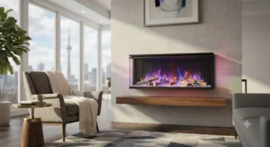 Wall-mounted modern electric fireplace featuring adjustable flame colors in a contemporary home.