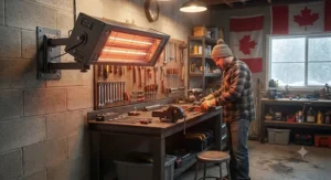 Wall-mounted radiant shop heater for workshop installation to save floor space.