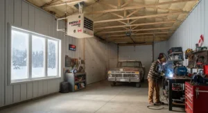 Well-insulated large garage staying warm and productive during a Canadian cold snap thanks to gas heating.