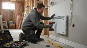 Professional installation of a basement heater for Canadian winter during a major renovation project.
