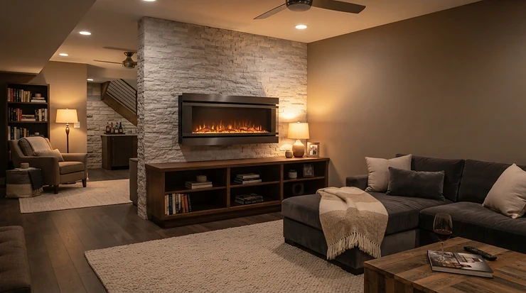 A modern basement heater for Canadian winter operating in a cozy, finished subterranean family room.