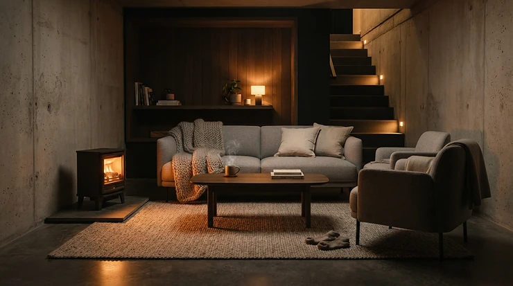 Low cost warmth delivered effectively by basement heaters under $150 CAD in an open lounge.