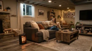 A homeowner relaxing in a finished rec room using basement heaters under $150 CAD to stay warm during winter.