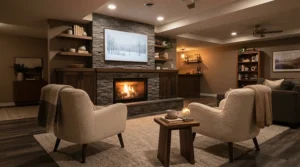 Warming corner electric fireplace for small space basement rec room with cozy seating