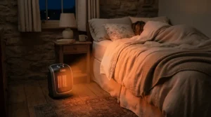 Cozy corner electric fireplace for small space bedroom providing gentle heat and glowing flames