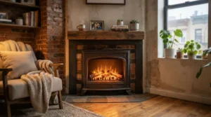 Space-saving corner electric fireplace for small space condo layout with warm ambient lighting