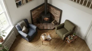 Efficient corner electric fireplace for small space layout showing smart furniture arrangement and clearance